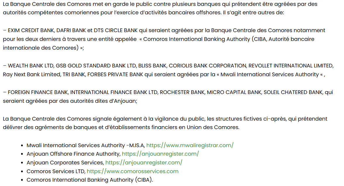 Screenshot of the Banque Centrale des Comores communiqué of 10 December 2025 listing the Mwali International Services Authority among fictitious structures purporting to issue banking and financial licences in the Union of the Comoros