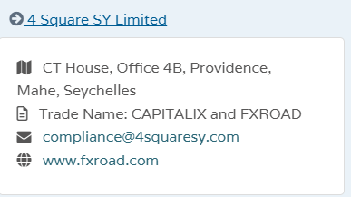 Screenshot of the Seychelles FSA register entry for 4 Square SY Limited showing Trade Name CAPITALIX and FXROAD