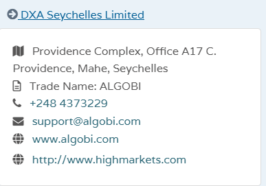 Screenshot of the Seychelles FSA register entry for DXA Seychelles Limited showing Trade Name ALGOBI and two listed websites, algobi.com and highmarkets.com